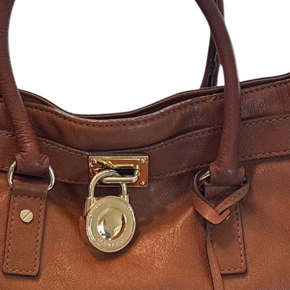 Michael MICHAEL East West Brown Leather With Gold Lock Shoulder Bag Satchel Tote - Picture 3 of 11